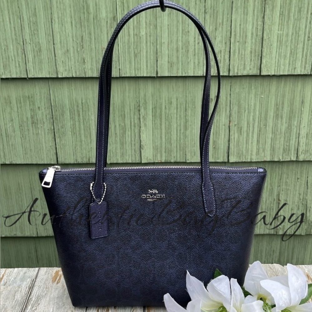 Coach Fiona Zip Tote Bag In Blue Metallic Purse